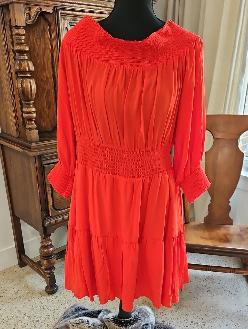 Gianni Bini Vibrant Red Smocked Waist Midi Dress